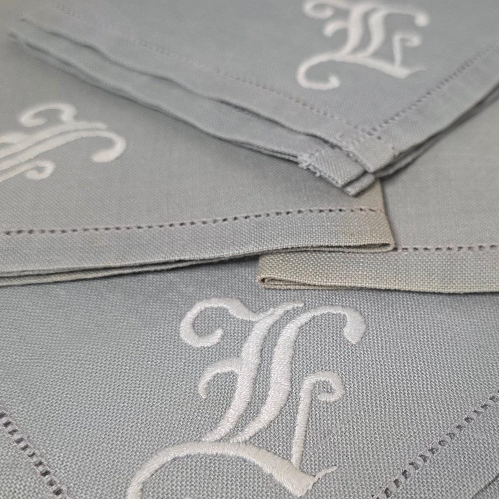 Vintage Linen Napkins Set of 4‎ Gray Monogrammed Letter F Hemstitched